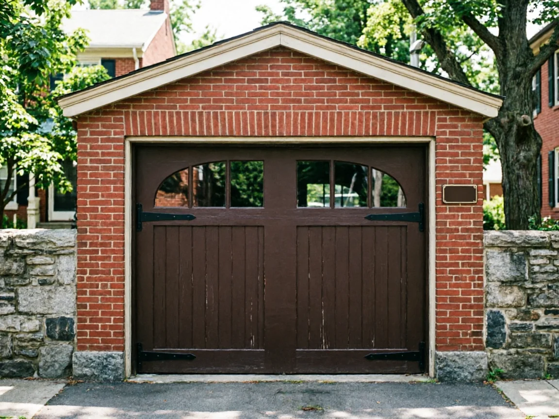 A brown wooden garage door with windows is set in a red brick wall.