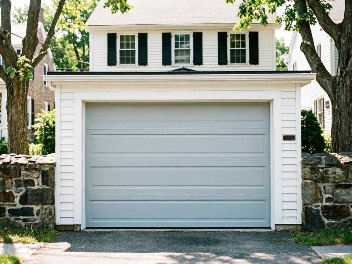 A light gray garage door is on a white garage with a stone wall.