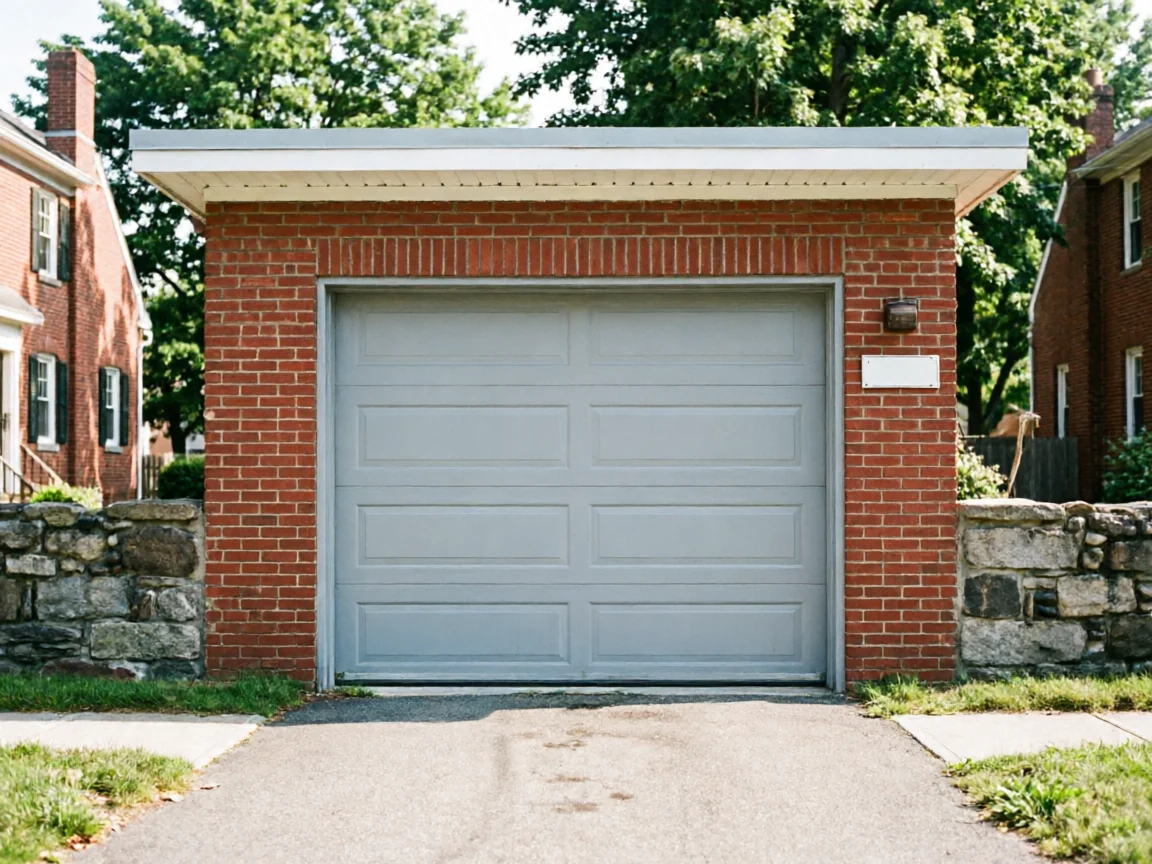 A light gray garage door is centered in a red brick garage.