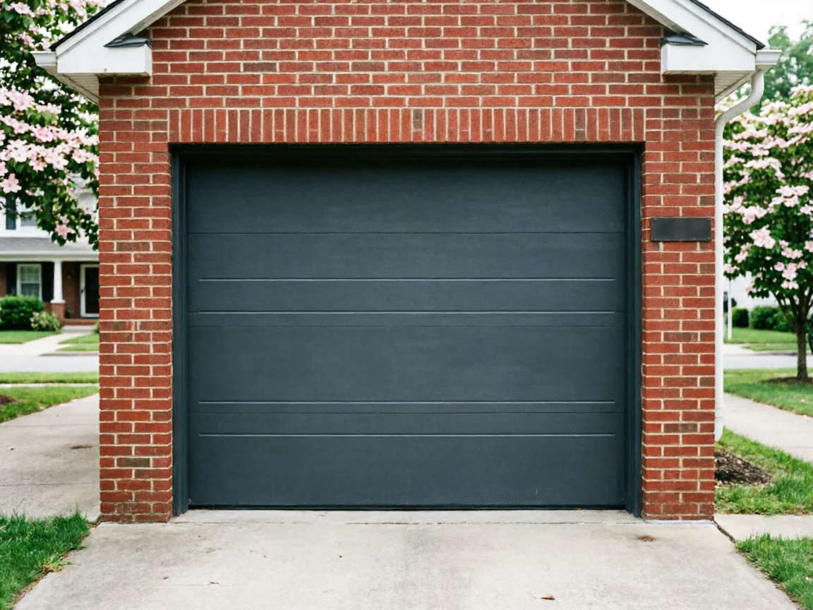 A dark gray garage door is set into a red brick house.